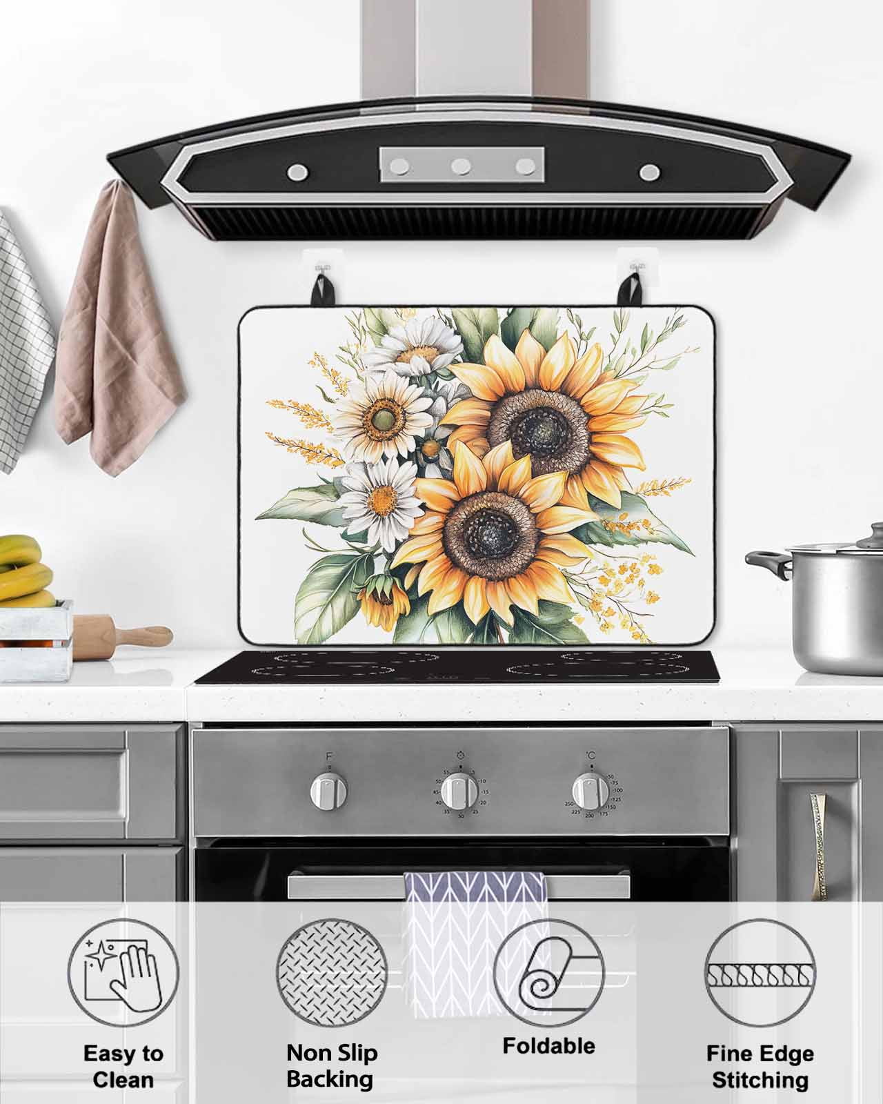 nqOlkjepod Large Induction Cooktop Protector Mat 36"x21", Sunflower Stove Top Covers for Electric Stove, Watercolor Summer Botanical Daisy Decorative Stove Burner Cover Mats, Glass Top Stove Cover