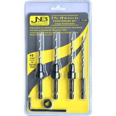 

JNB Pro Wood Countersink Drill Bit Set - 3 Pc Adjustable Countersink Bit #8(11/64 ) - All Same Size - 1 Extra 11/64 Tapered Drill Bit 1 Adjust. Collar 1 Wrench - 1/4 Quick Change Shank - Countersi