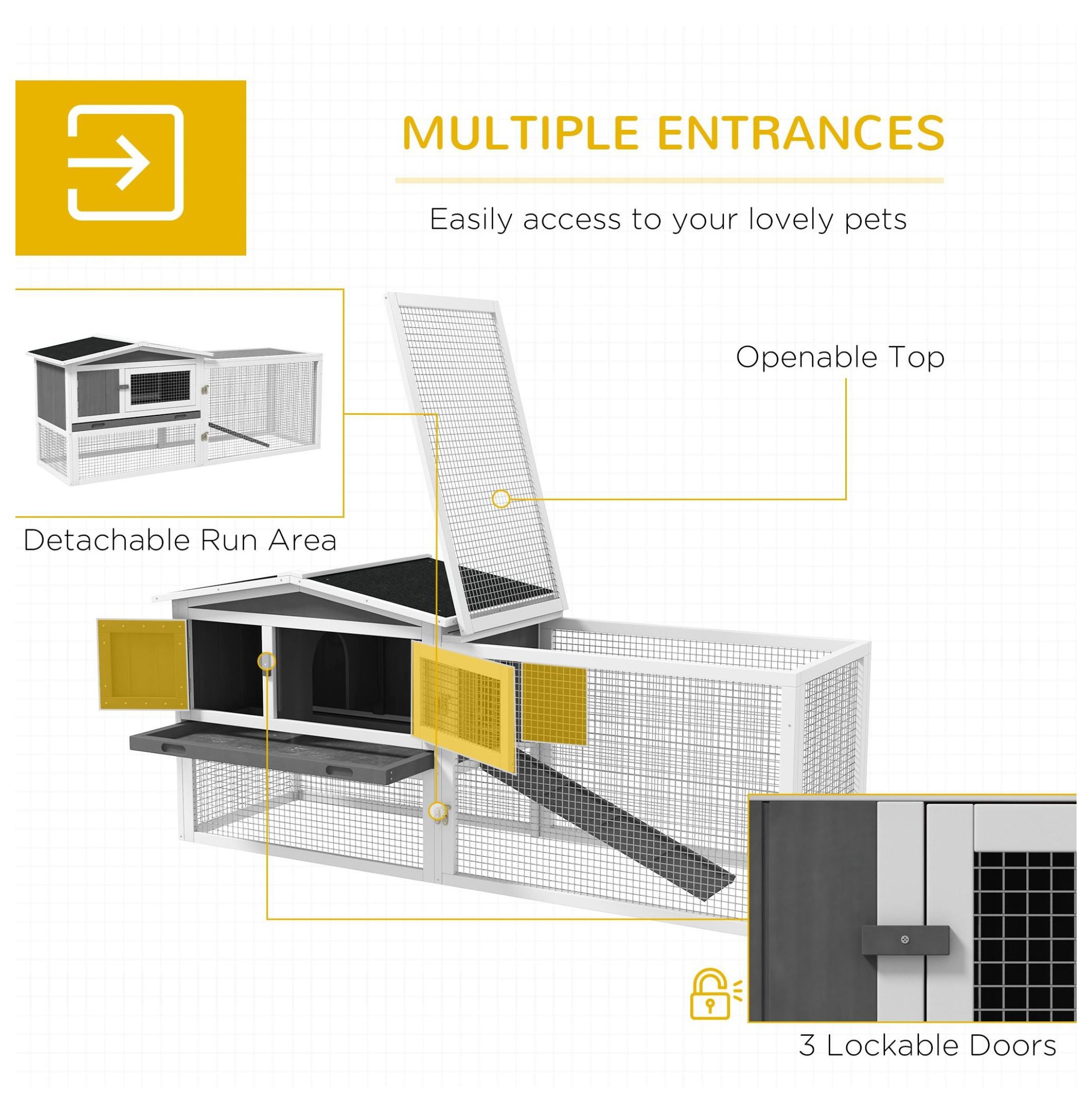 Rabbit Cage Outdoor, 2 Levels Bunny Hutch Outdoor Rabbit Pen w Slide Out Tray Detachable Run Small Animal House Light Grey