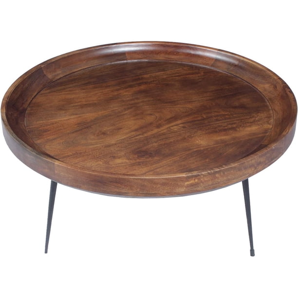 Port Round Mango Wood Coffee Table with Splayed Metal Legs, Brown and