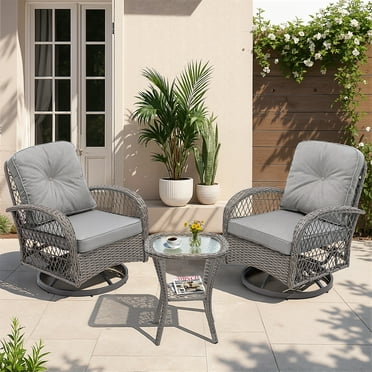 SEGMART 3 PCS Patio Swivel Rocker Set, PE Rattan Swivel Bistro Table Set, Outdoor Conversation Set with Glass Tabletop and Cushions for Balcony Patio Deck Poolside