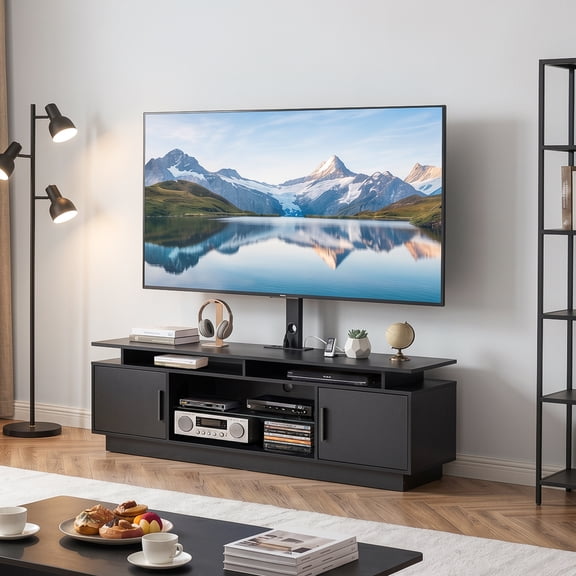 KFFKFF 59.1" TV Stand with Mount & LED for TVs up to 75", Wooden Entertainment Centre with Power Outlet, Height Adjustable, 40° Swivel, Black