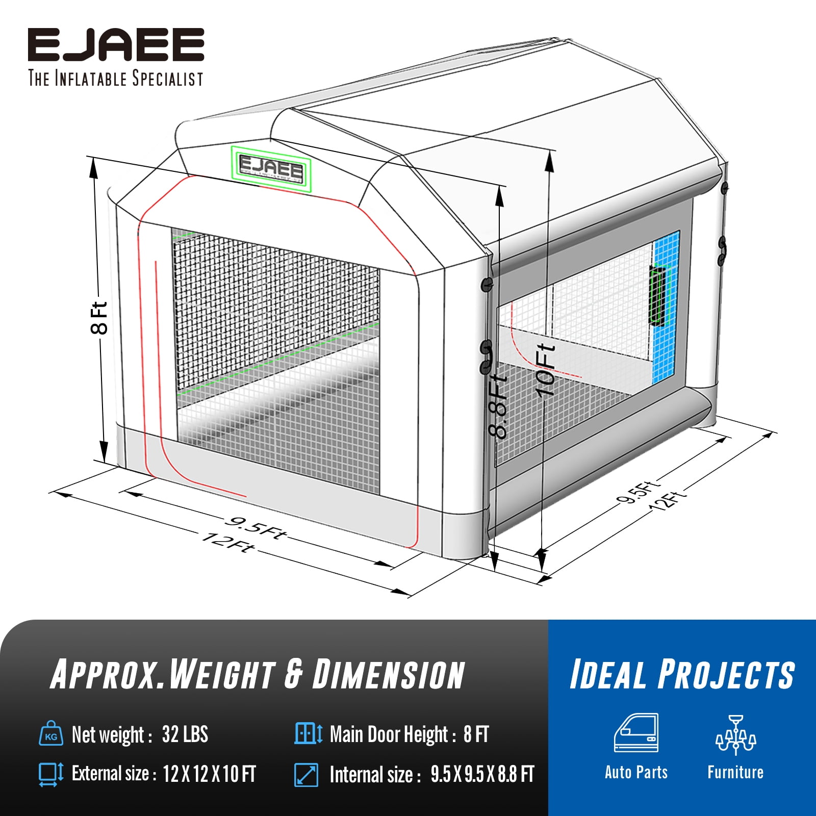 EJAEE Silver Series 12x12x10 All Purpose Inflatable Paint Booth w/ Blowers & Filters