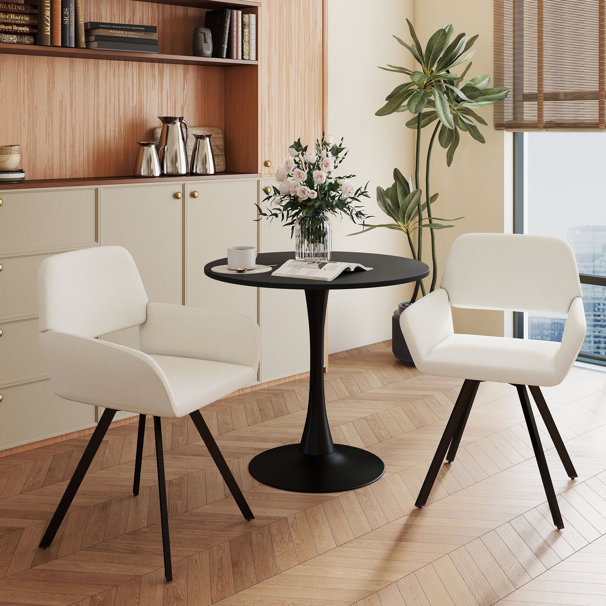 Homy Casa Set of 2 Upholstered Swivel Chair with Cut-Out Back, Armrest Accent Chair for Living Room, Beige Fabric
