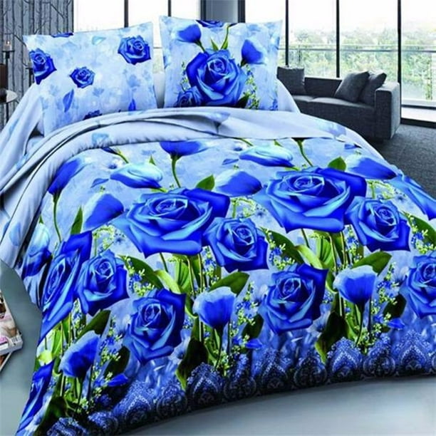 4Pcs 3D Blue Rose Bed Clothes Printed Bedding Set Quilt ...