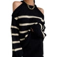 thumbnail image 3 of Pullover Knit Sweaters for Women Loose Fit Striped Long Sleeve Casual Fall Fashion Tops Sex-Y Cold Shoulder Black One size, 3 of 8