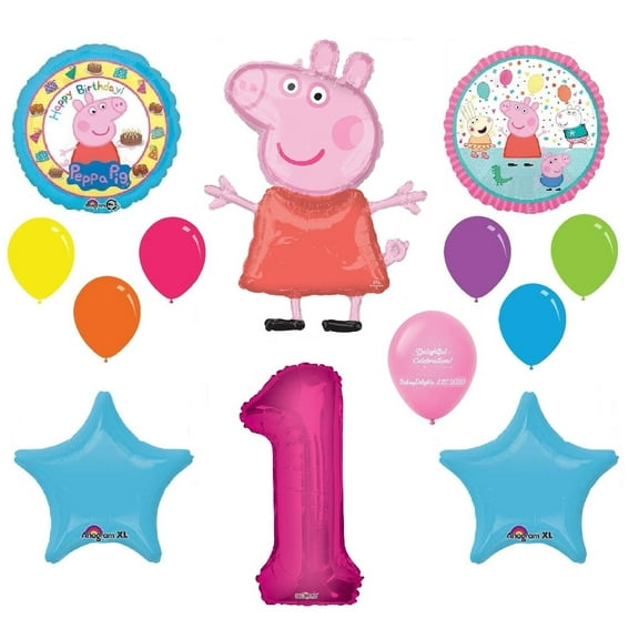 Peppa The Pig 1st #1 13 Piece Happy Birthday Bouquet Party Mylar & Plain Latex Balloons Favor Set