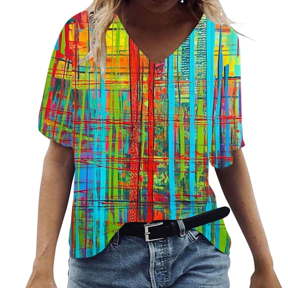 Cilsoka Boho Tops for Women Cotton Trendy Floral T-Shirt for Women Summer Colorful Short Sleeve Tunic Tops V Neck Graphic Tees Shirt Casual Comfy Blouses Tops