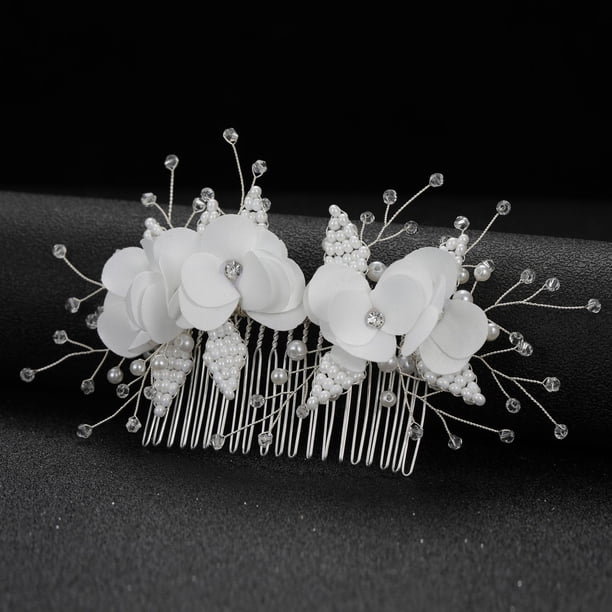 Nvzi Horquillas para el pelo de boda con flores para novias, peinetas con perlas de cristal, pinzas para el pelo, accesorios para el pelo de boda dorados, joyas, color blanco