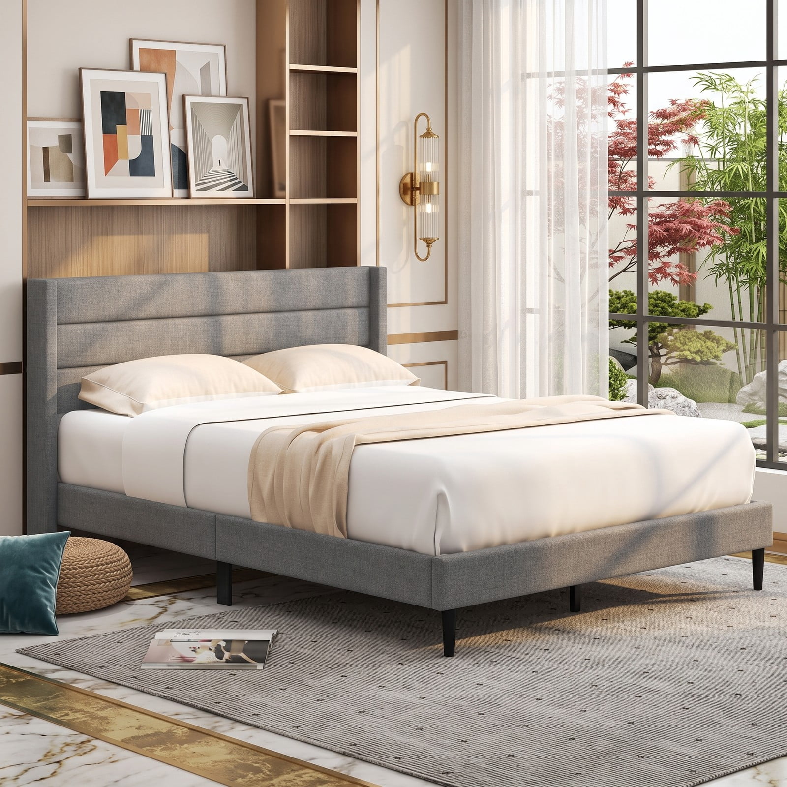 Furnibear Queen Bed Frame with Headboard, Linen Upholstered Platform Bed Frame with Wingback Channel Headboard and Wood Slats, Gray