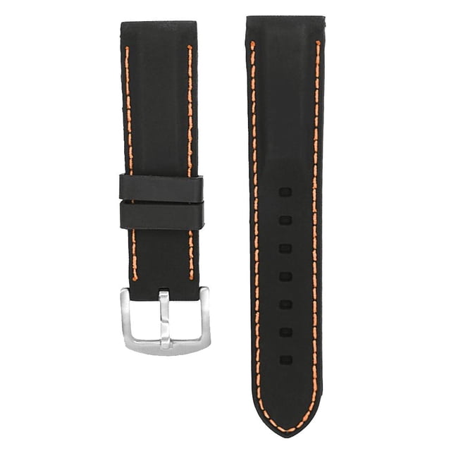 correas de reloj correas de reloj de repuesto de goma suave de silicona para hombres y mujeres colores negros 26 mm correa negra de silicona en dos piezas, vista frontal, con pespuntes naranja, hebilla de acero inoxidable plateada y trabillas dobles; longitud aprox. 12.5 + 7.5 cm (4.92 + 2.95 pulg.), compatible con relojes inteligentes de 26 mm y con barra de resorte de liberación rápida; a menudo usada como correa de repuesto deportiva.