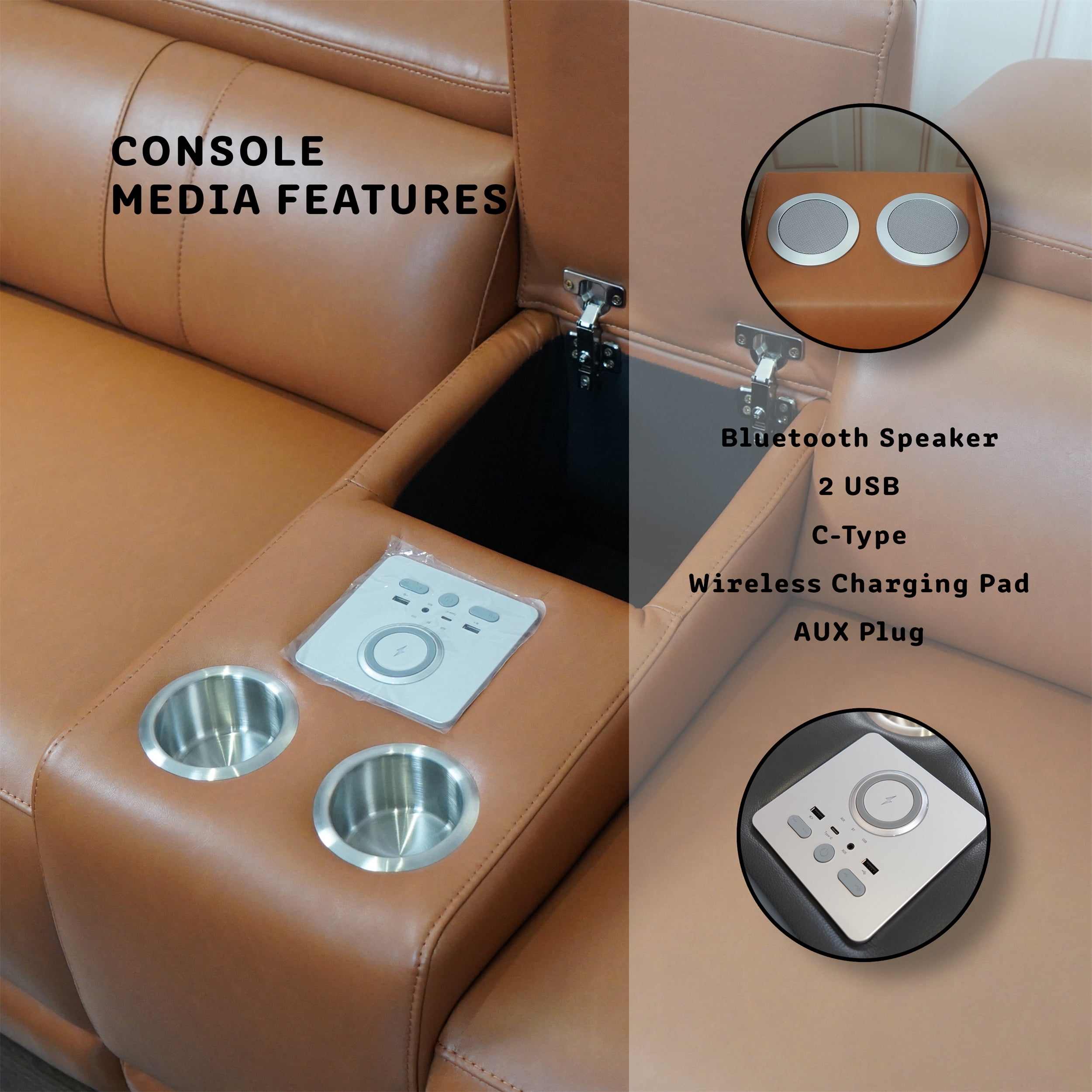 Arron Modern Leather Power Reclining Sectional Sofa with Media Console, Wireless Charging, Bluetooth Speakers, and Ambient LED Under-Glow, Caramel