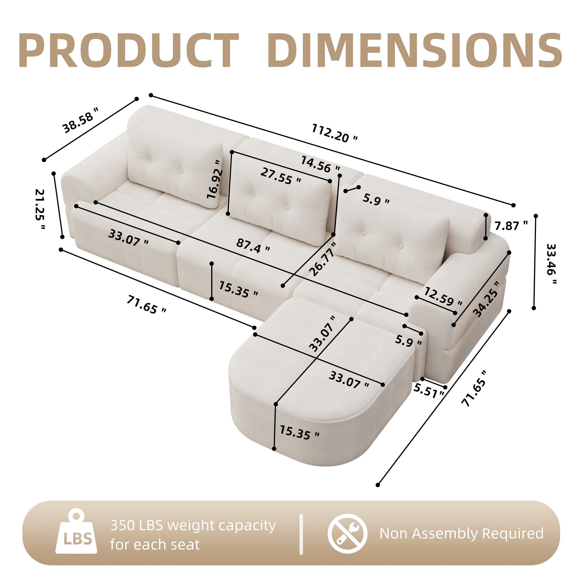 DEALTOPS 112" Modular Sectional Sofa with Ottoman, Full-Foam 3-Seat Convertible Chenille Cloud Couch, Beige