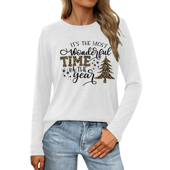 Fiaer Christmas T Shirts for Women Cute Graphic Merry Xmas Tshirts Plus Size Long Sleeve Loose Fit Casual Crew Neck Trendy Comfort Tops White XL