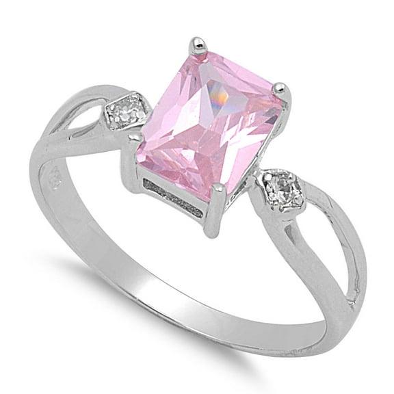 Simulated Emerald Cut Pink Cubic Zirconia Ring Sterling Silver 925