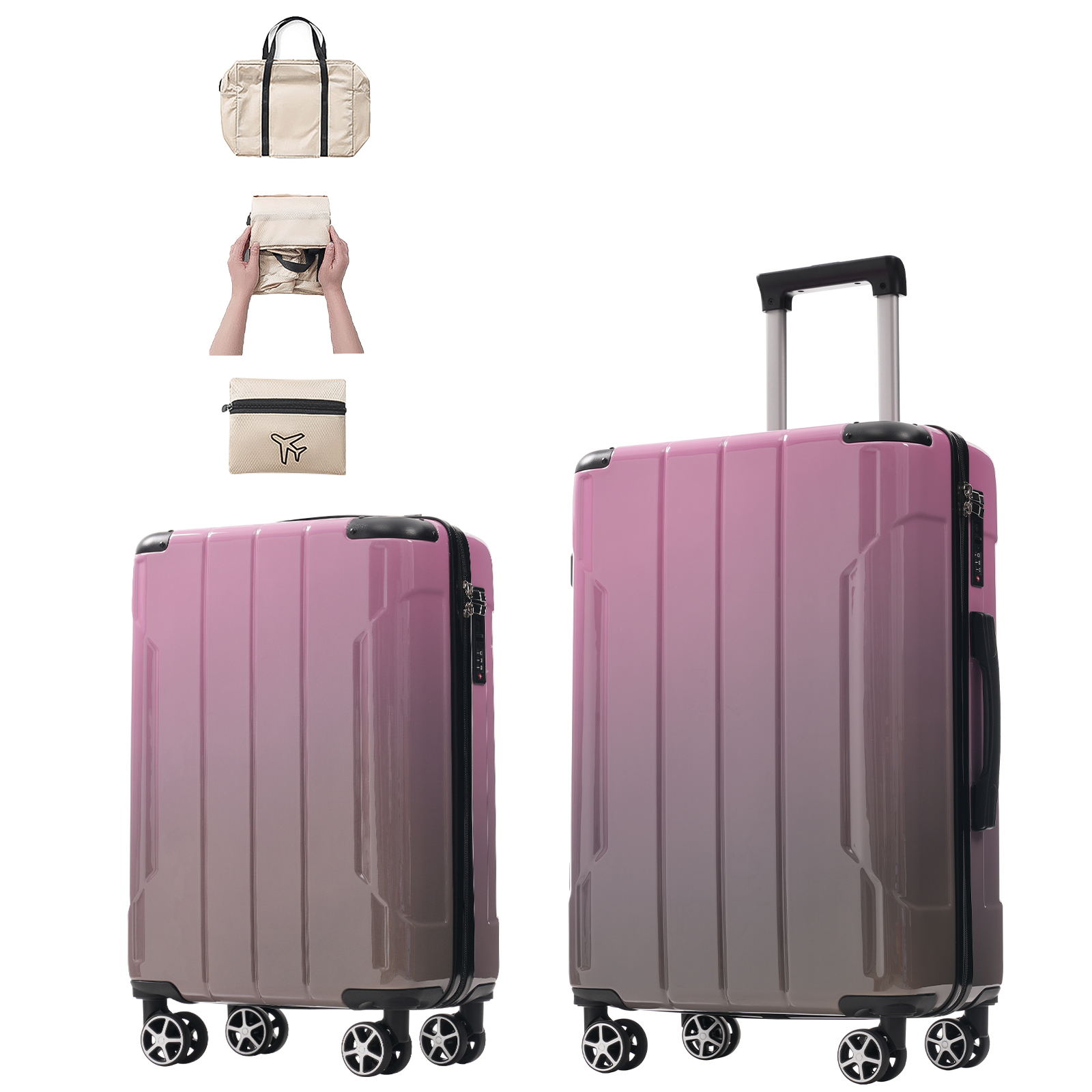 Euroco 3 Piece Luggage Sets,PC Hardside Travel Suitcase Set with Spinner Wheels,TSA Lock & Foldable Duffel Bag for Men Women,Pink