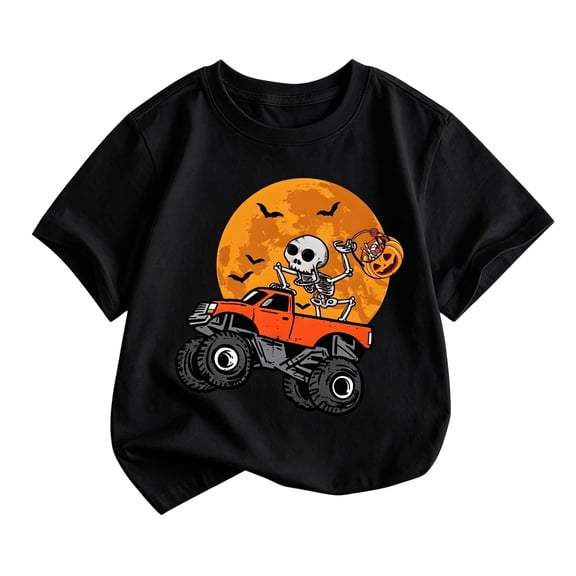 Little Boys T Shirt Halloween Skeleton Truck Short Sleeve Shirt for Kid Size 8-9T