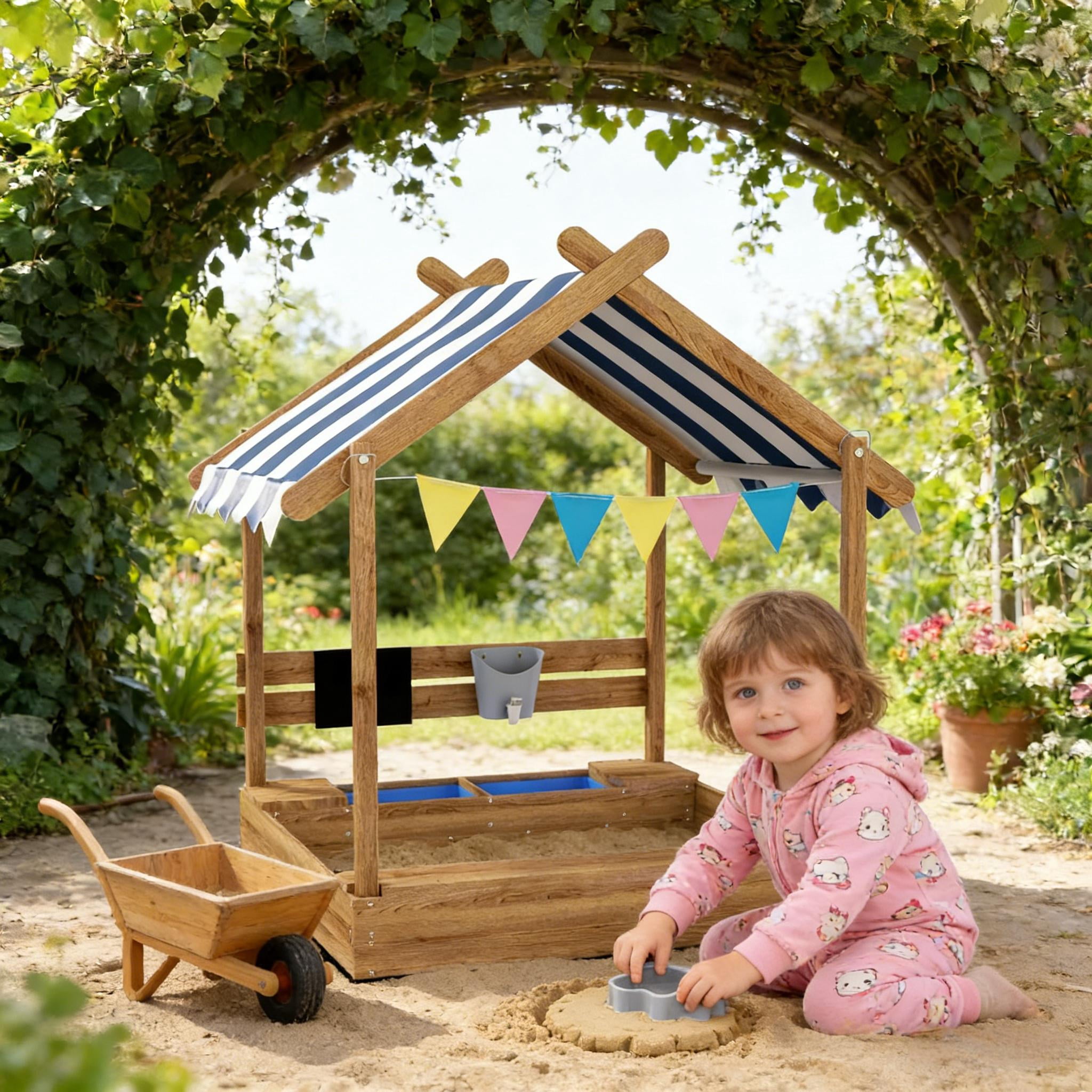 House Design Wooden Kids Sandbox with Weather-Resistant Canopy, Fir Wood Play Sandbox with Seats, Sink & Blackboard, Open Bottom Sand Pit for Backyard Outdoor Play, Ages 3-7