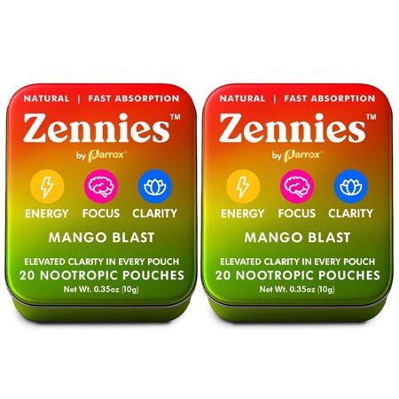 Zennies Caffeine Nootropic Pouches with Alpha GPC,L-Tyrosine & L-Theanine,Lion's Mane, Cordyceps,Reishi - Nicotine Free,No Sugar or Artificial Sweeteners Nootropic Energy Pouches, Mango Blast(2 Pack)