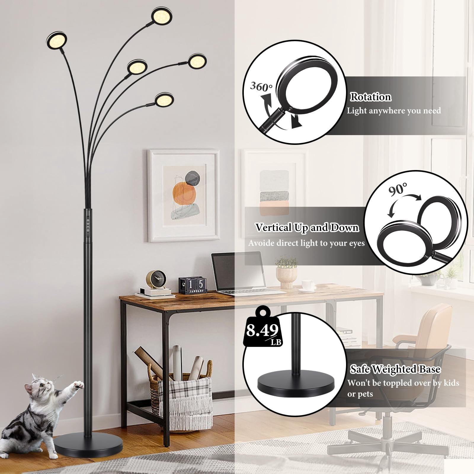 Nordic Hygge LED Arc Floor Lamp with Remote, Black