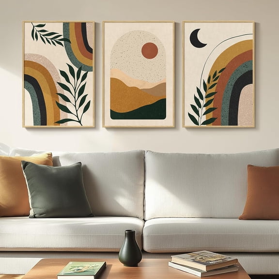 Framed Boho Canvas Wall Art, Set of 3 Abstract Geometric Art Prints, Boho Wall Hanging Pictures for Living Room, Bedroom, Office Wall Decor, 16x24 Inch