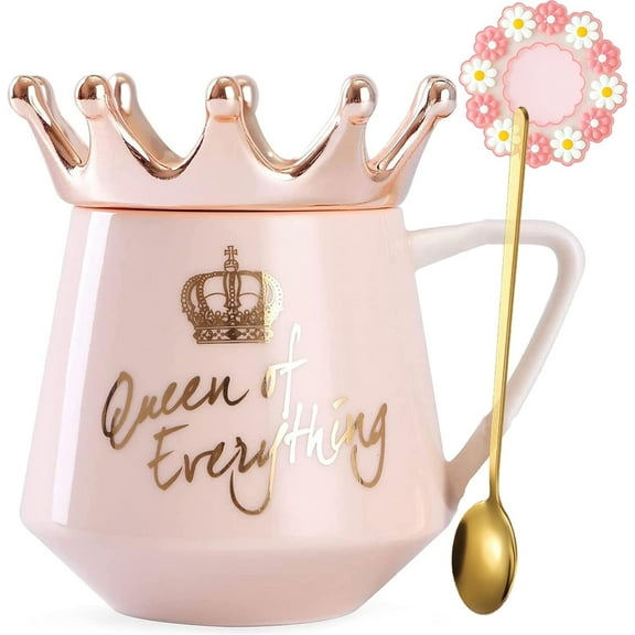 Farcauo Pink Queen of Everything Mug with Lid Cute Pink Cup with Crown Tea Coffee Mugs Gift with Spoon & Coaster 12 oz Ceramic Cups Birthday Gifts for Women Girls Mom Friend Mothers Day Gifts for Mom