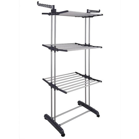 GHP Black 3-Tier 6 Foldable Shelves Rolling Clothes Drying