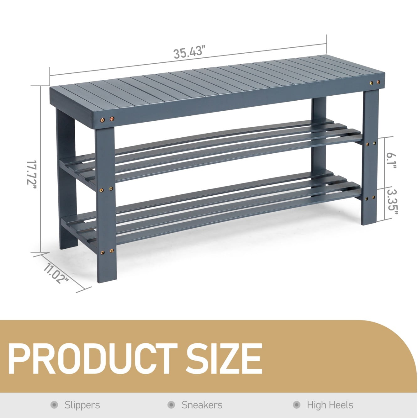 Tcbosik Bamboo Shoe Rack Bench, 3-Tier Storage with Seamless Top, 35.4" Entryway Bench and Shoe Organizer, Space-Saving Design, Gray