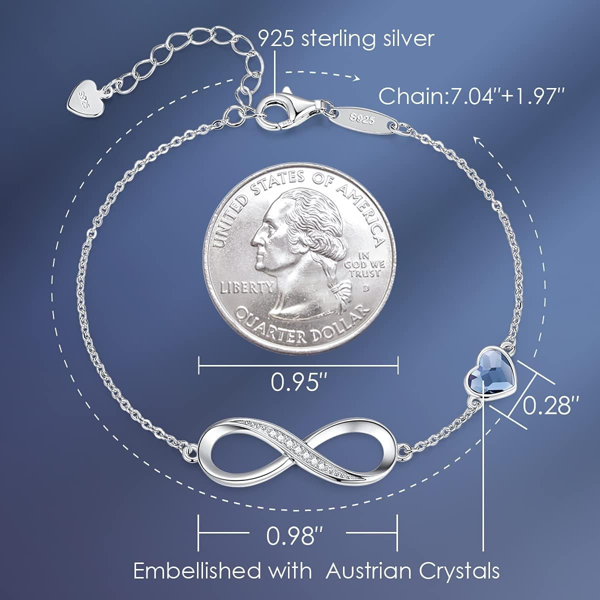 Leander Infinity Heart Birthstone Charm Link Bracelet for Women 925 Sterling Silver Adjustable Mother's Day Gift Anniversary Birthday Jewelry for Wife Girlfriend Her