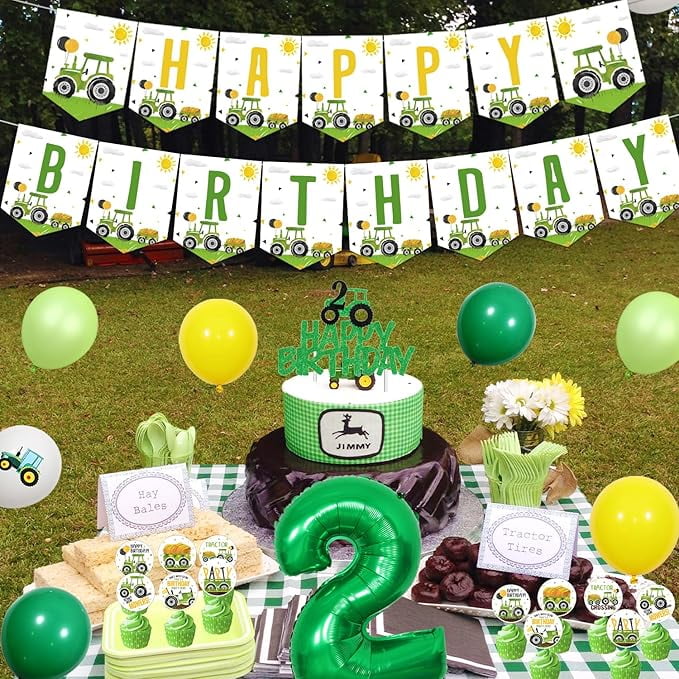 Tractor 2nd Birthday Decorations, Tractor Birthday Backdrop Green Tractor 2nd Birthday Cupcake Cake Toppers Balloon Garland Arch Kit for Boys Tractor Theme 2nd Birthday Party Supplies