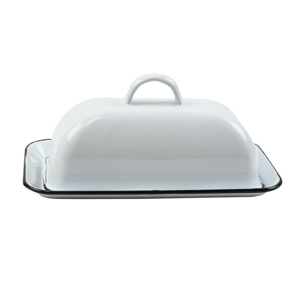 White Enamel Butter Dish Metal Lid Covered Holder Farmhouse Kitchen