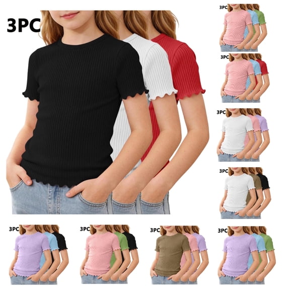 WAVSUF Girls Casual Tee 3-Pack Round Neck Short Sleeve Ruffle Hem Summer Breathable Comfort T-Shirt Red Size 9-10
