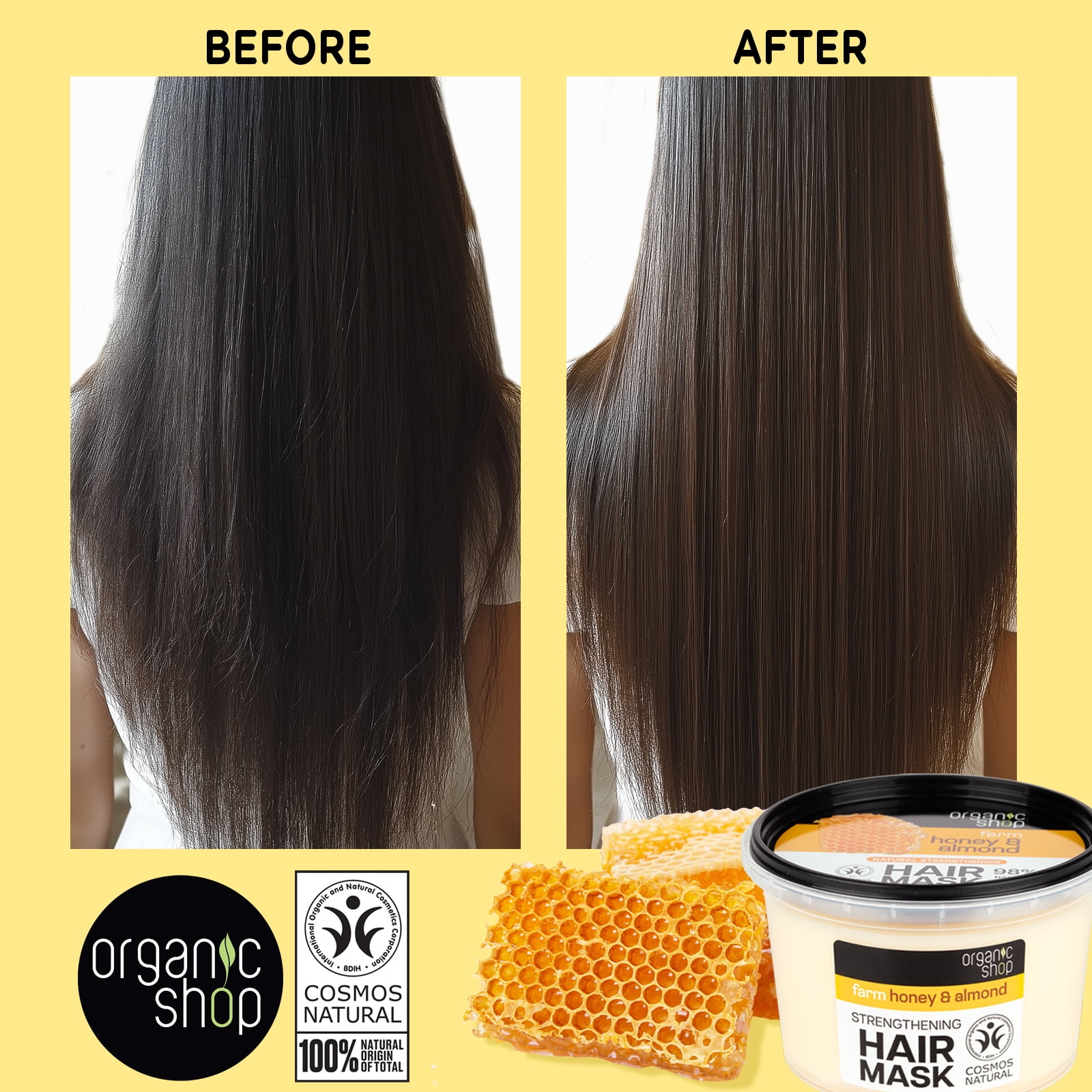 Organic Shop Raw Honey & Almond – High Strengthening Shampoo + Conditioner & Hair Mask Deep Repairing - 100% Vegan & Organic, Rich In Vitamins & Minerals, Silky Hydration & Nourishing. 9.5 Fl Oz