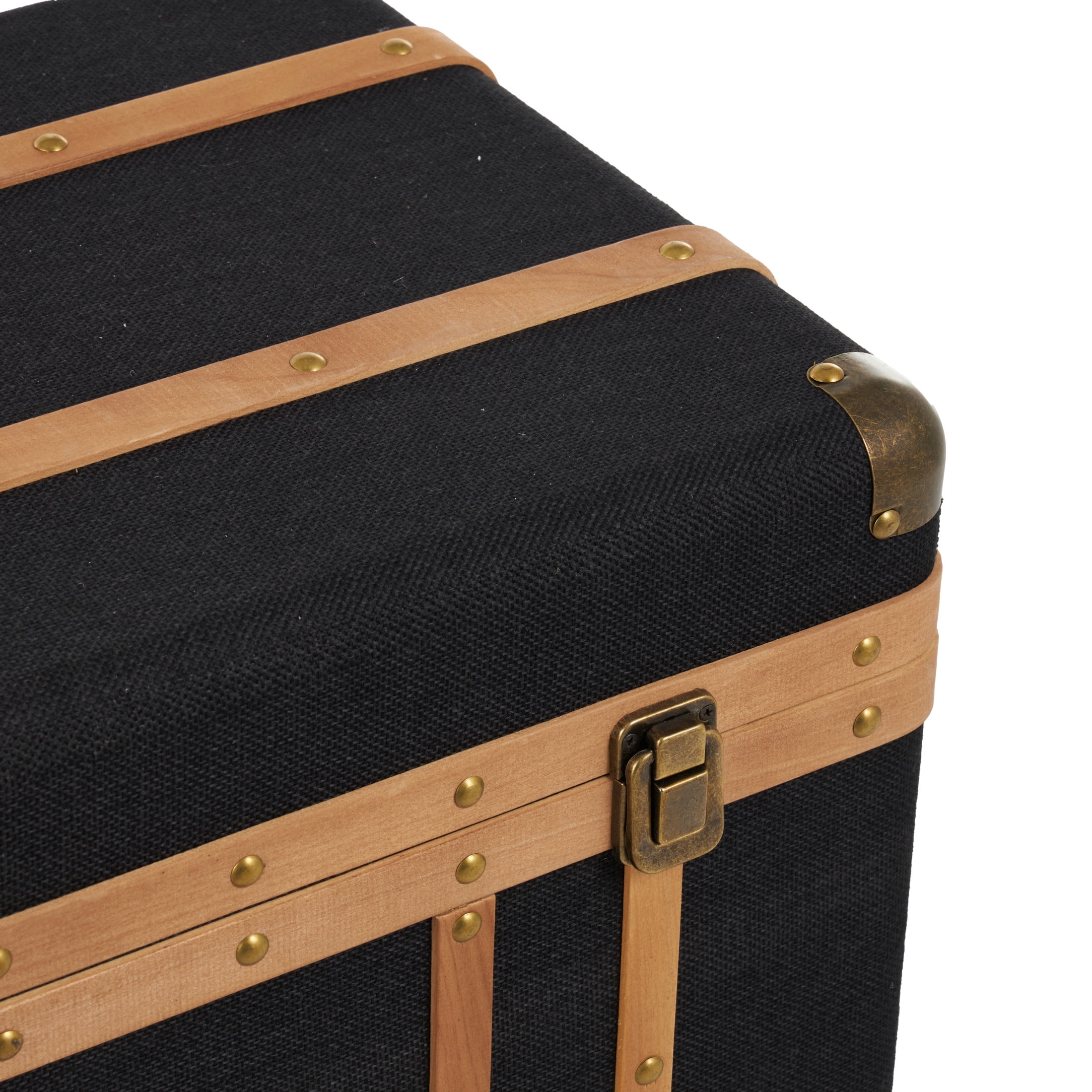 DecMode 22" x 14" Black Fabric Trunk with Brass Metal Latches and Brown Wooden Accents, 3-Pieces