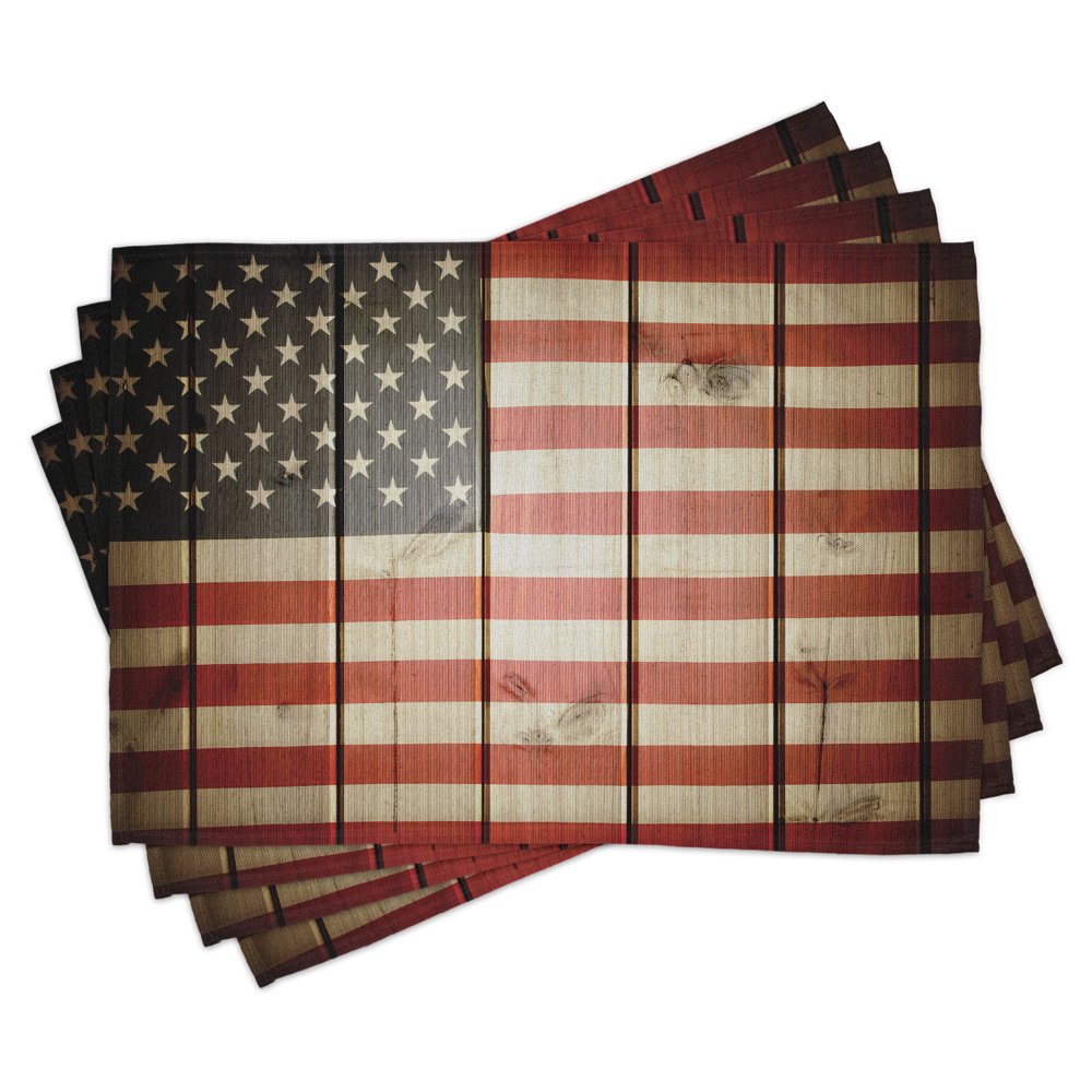 American Flag Placemats Set of 4 Usa Flag over Vertical Striped Wooden