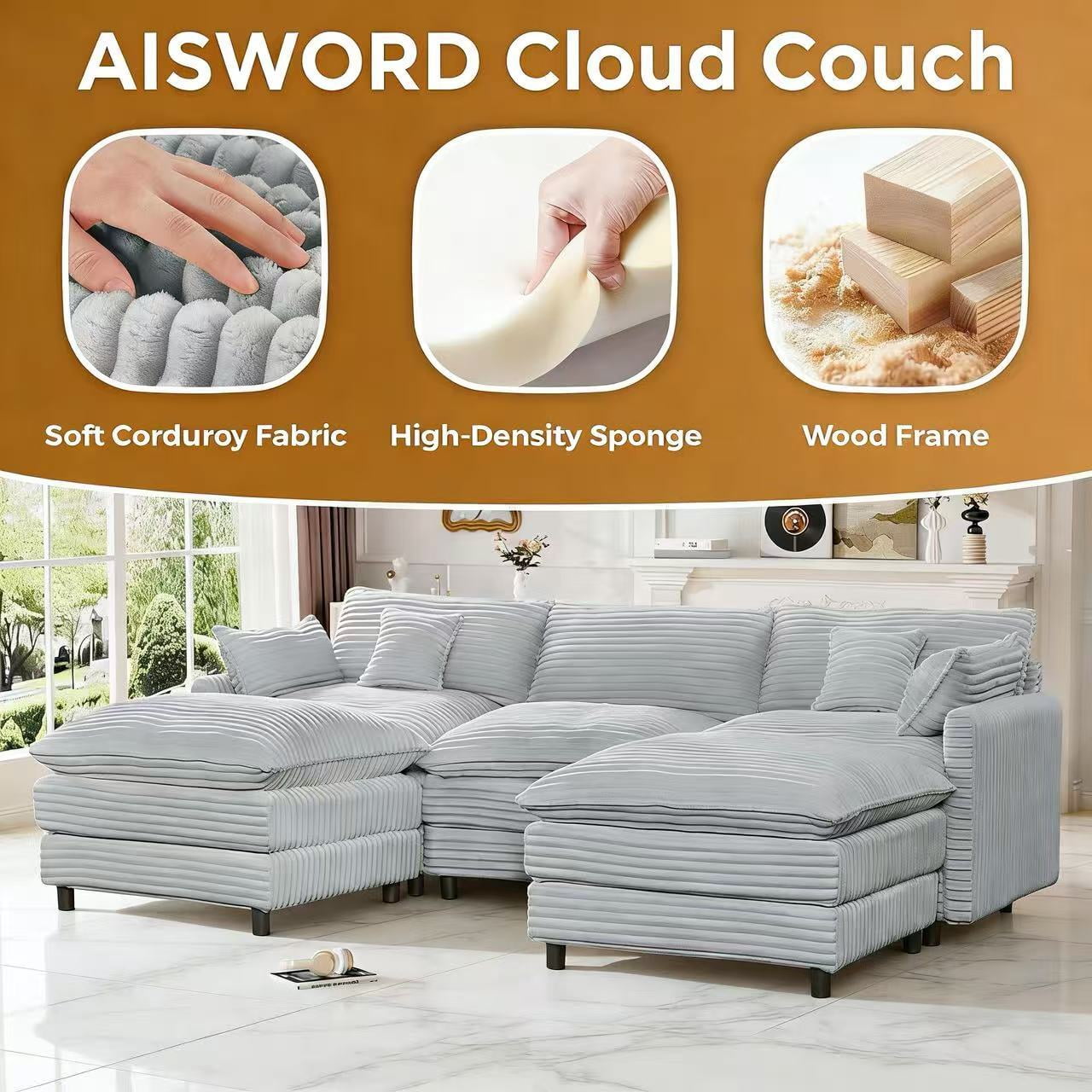 AISWORD 112" Modern L Shaped Modular Sectional Sofa, Cloud Sectional Deep Seat Couch, 4 Seater High-Density Memory Foam Couch Chenille Sofa, Boneless Couches for Living Room, No Assembly, Green