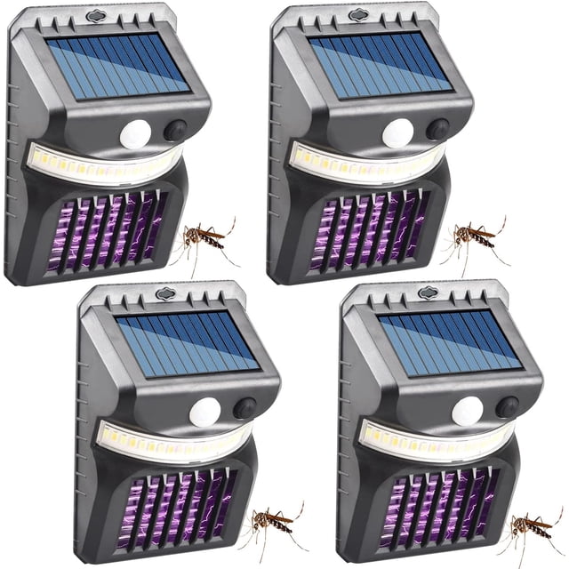 (paquete de 4) Lámparas solares 2 en 1 para exterminar mosquitos, sensor de movimiento PIR, luz de pared, lámpara exterminadora de mosquitos con descarga eléctrica ultravioleta, exterminador