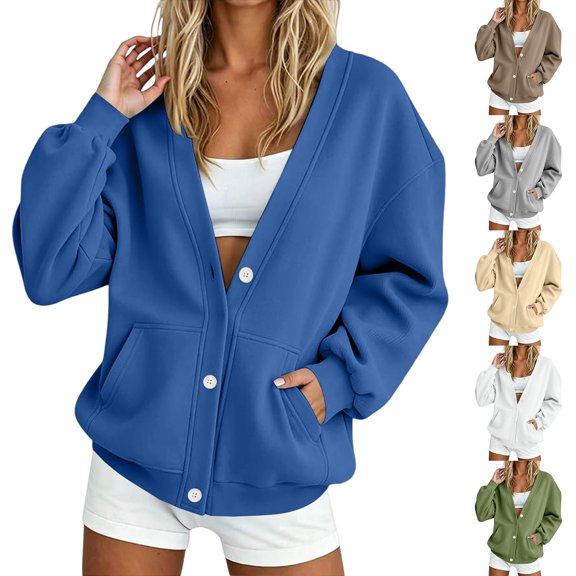 JJHGVB Women's V-neck Button Down Sweatshirt Casual Sweatshirts Button Up Tops No Hood Half Button Open Front Sweatshirt Stand Henley Collar Lightweight Jackets Women's Sweatshirts Blue S