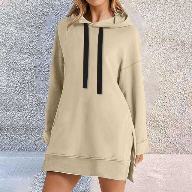 Chandail à Capuche pour Femmes Robe Longueur Genou Long Chandail-Over Hauts Fendus Automne Hiver Chandail en Peluche