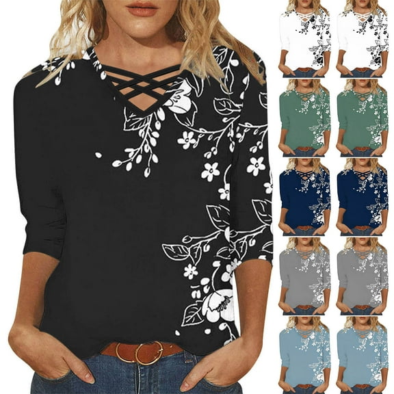 CYMMPU Floral Printed 3/4 Sleeve Loose Fit V Neck Blouses for Women Dressy Casual Tunic Tops Spring Tops Summer Trendy Shirts Business Elegant Work Tops T-Shirts XL