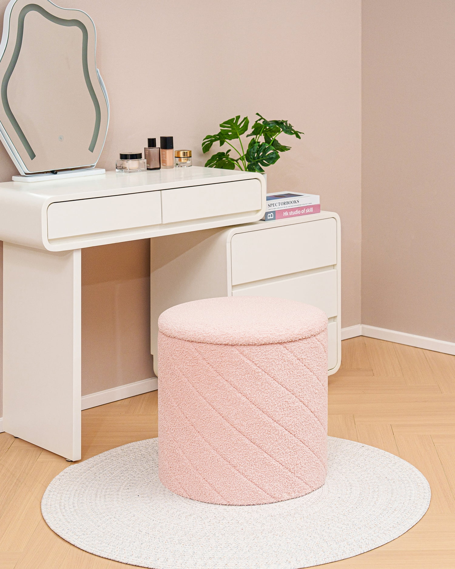 PINPLUS 16.9" Storage Ottoman with Tray Collapsible Foot Rest Stool Seat for Living Room Pink,Sherpa Fabric