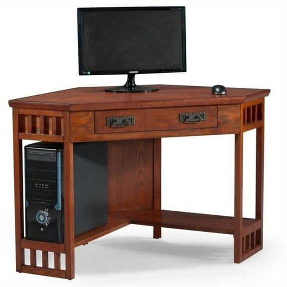 Maklaine Modern Traditional Corner Computer Desk in Mission Oak