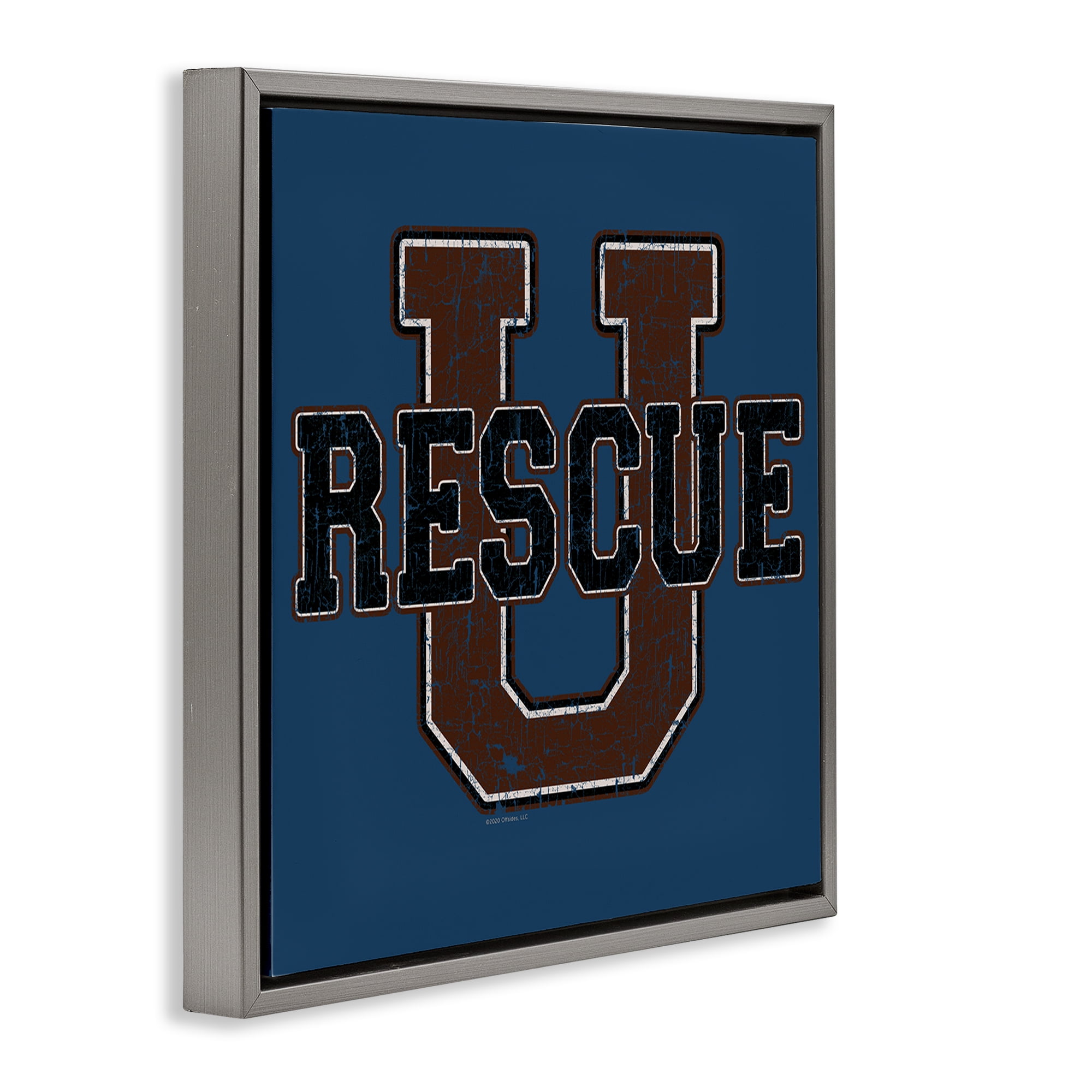 Stupell Industries Rescue U Vintage Varsity Novelty & Humor Painting Gray Floater Framed Canvas Art Print Wall Art, 18 x 18