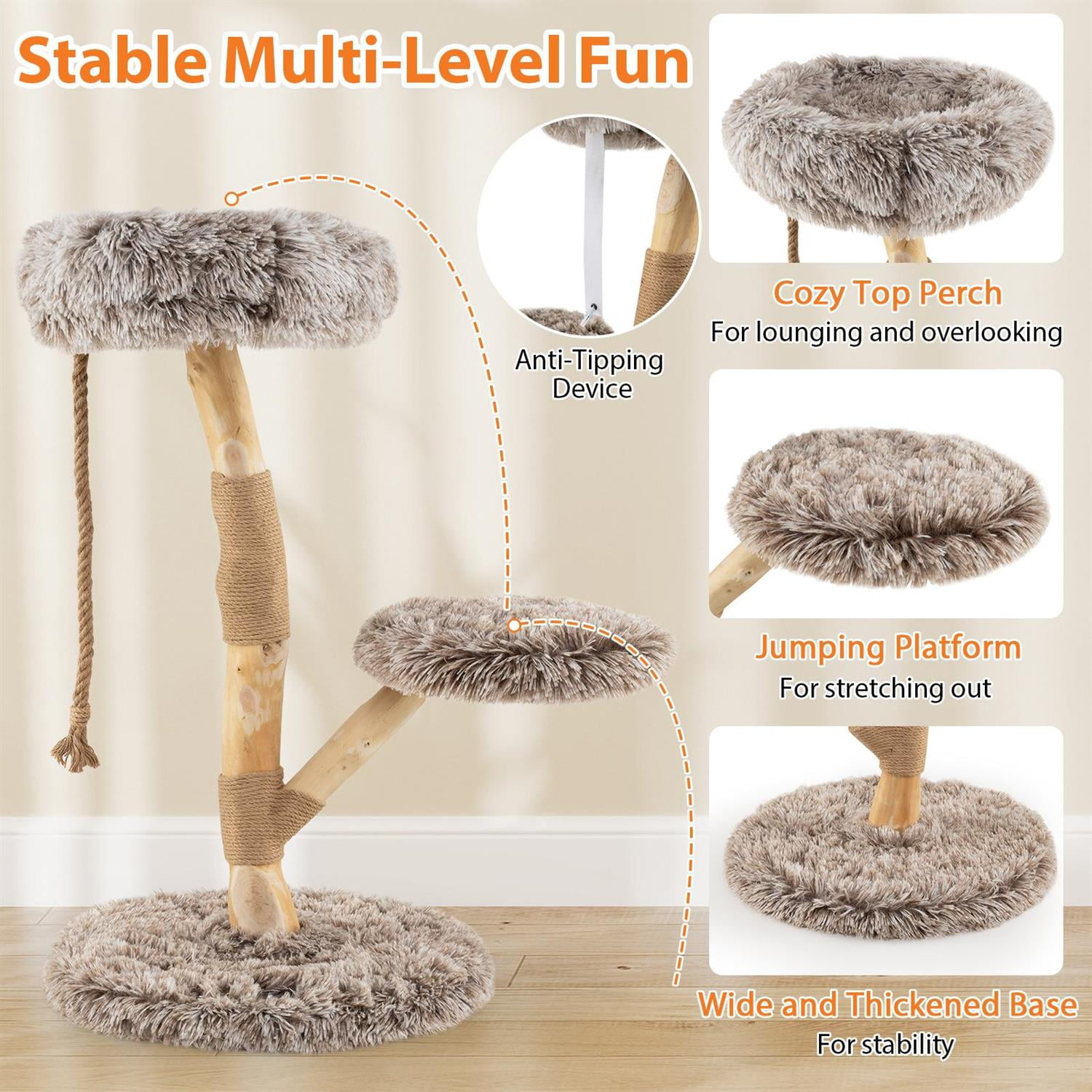 Pefilos Modern Wooden Cat Tree Tower, Top Perch & Natural Jute Scratching Posts, 3-Tier Design & Anti-Toppling, Brown