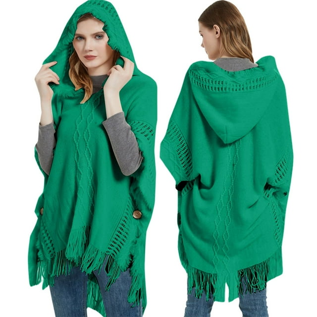 TINZ Mode pour Femmes à Franges Printemps et Automne Hiver Chandail à Manches Chauve-Souris Chandail Cape Rayée Chandail à Capuche Châle Haut Robe Châle pour Femmes Châle Enveloppe Cape d'Hiver avec Capuche Femmes