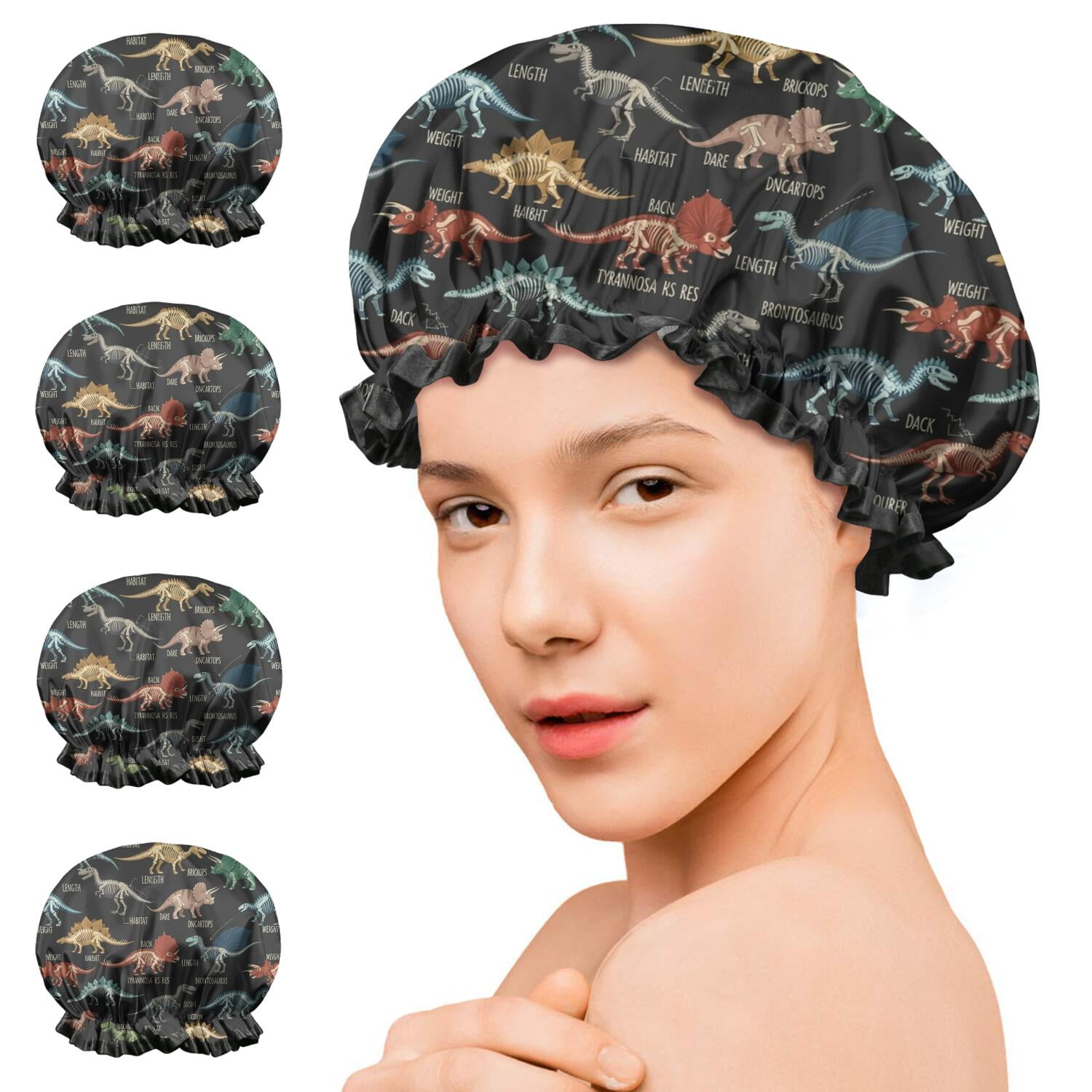 Shower Caps,Black Cartoon Dinosaurs Infos Pattern Waterproof Shower Cap for Women 4 Pieces,Double Reusable Hair Cover for Shower PEVA Elastic Stretch Hem