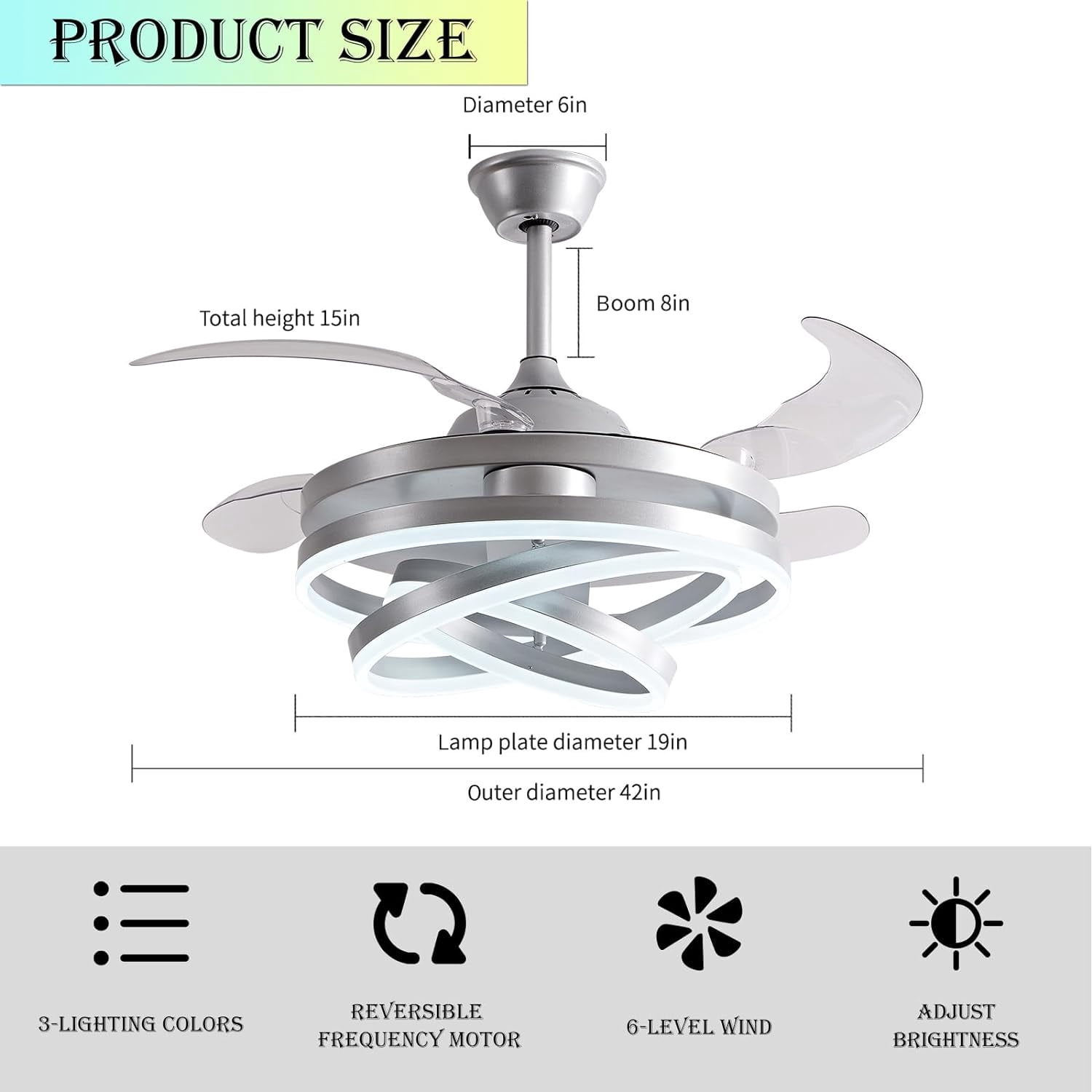 Datingday 42" LED Invisible Ceiling Fan Chandelier,Modern DIY Ceiling Fan Light Remote Control 4 Retractable ABS Blades for Bedroom Living Dining Room Decoration (Silver)