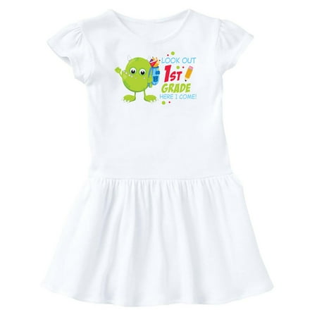 

Inktastic Look out 1st Grade Here I Come with Cute Green Monster Gift Toddler Girl Dress