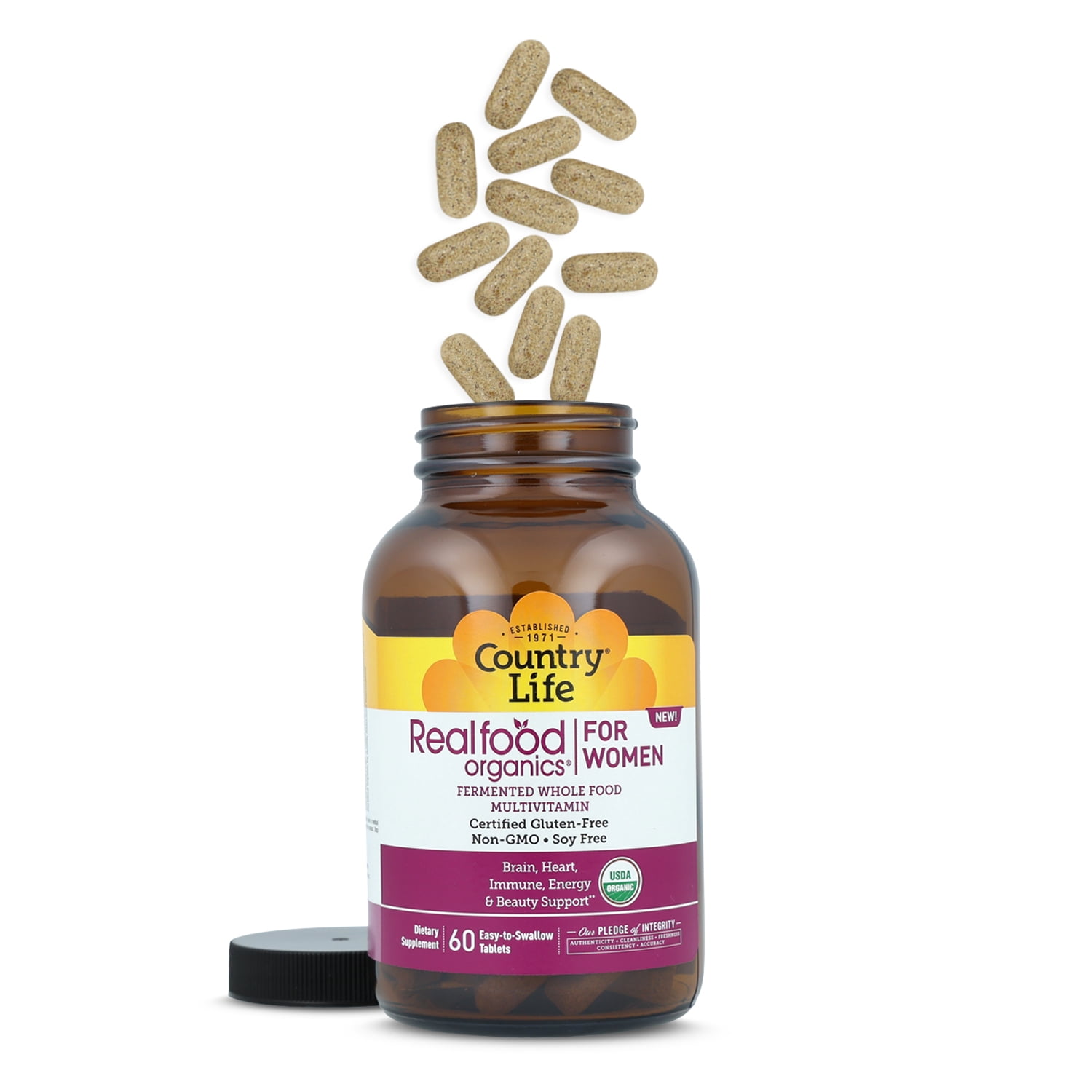 Country Life Realfood Organics Women’s Multivitamin – USDA Organic, Vegan, Gluten-Free – 1,300mg Fermented Whole Foods, Vitamins D, E, B, Folate & Biotin – Daily Energy & Beauty – 60 Tablets