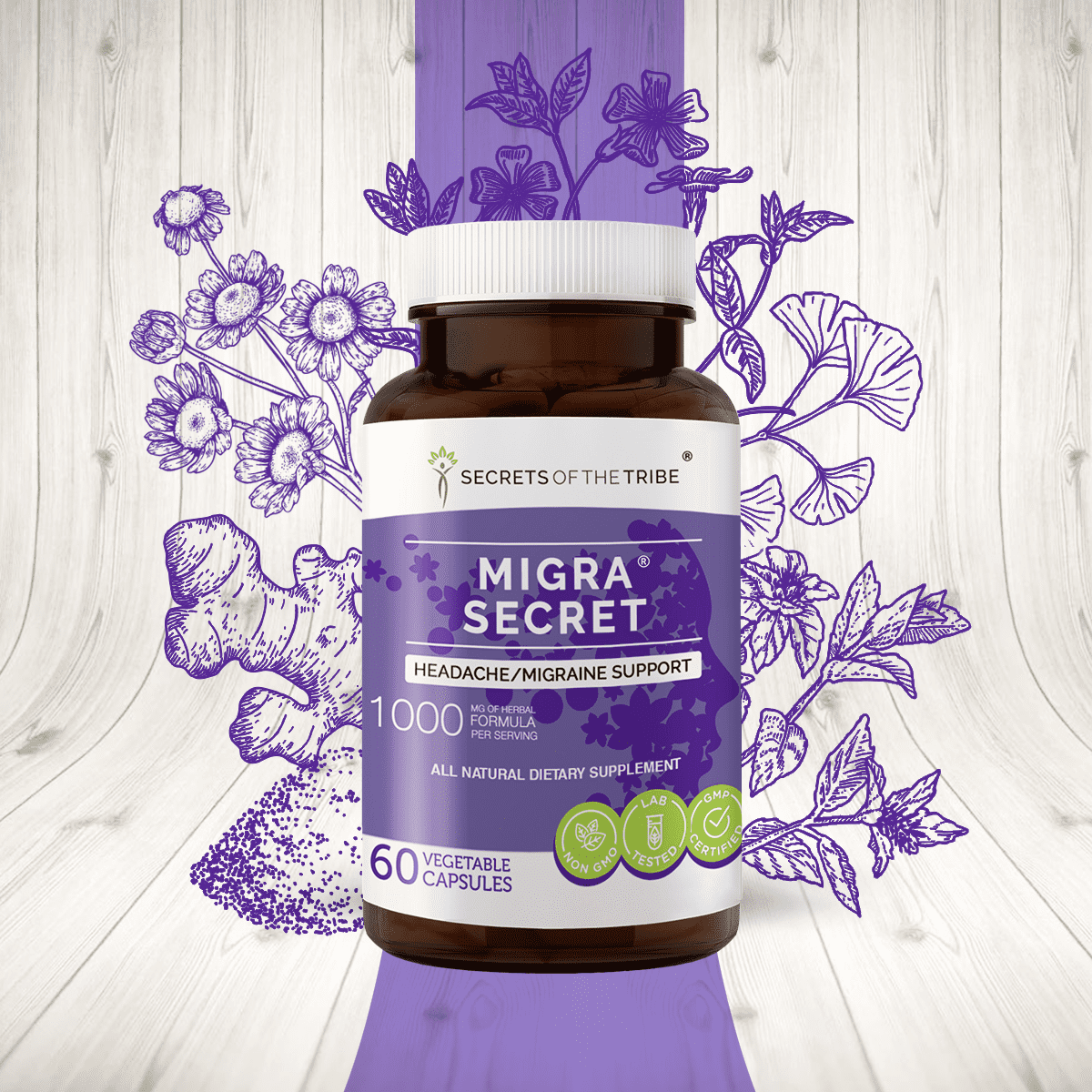 Migra Secret 60 Capsules, 500 mg, Feverfew, Ginger, White willow bark, Periwinkle, Ginkgo